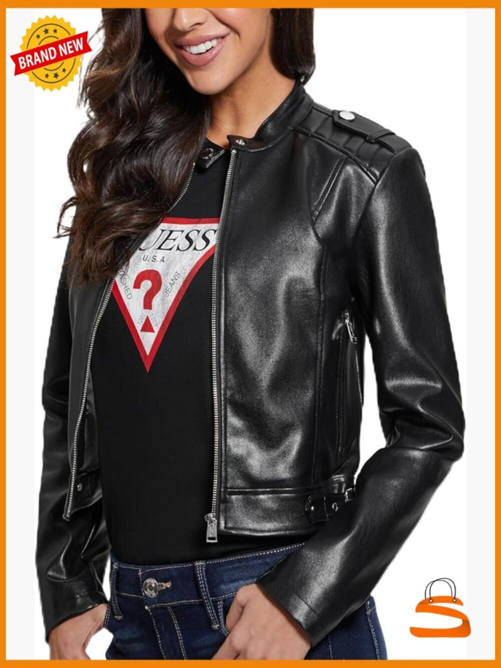 Faux Leather Moto Jacket with Snap Mandarin Collar